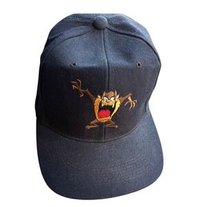 Vintage Looney Tunes Taz Tasmanian Devil Snapback Hat Navy Blue Wool Blend Cap